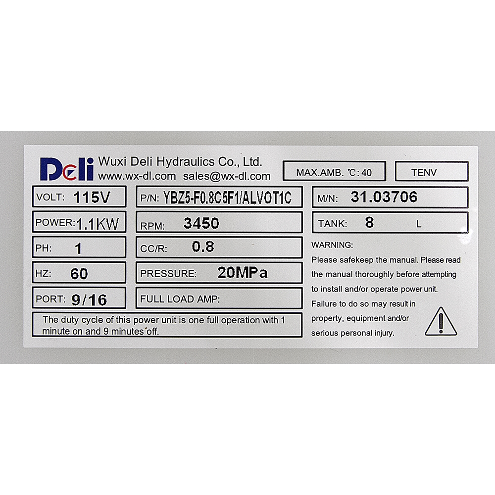 115 Volt AC 0.8 GPM 2900 PSI Single Acting Auto Hoist Hyd